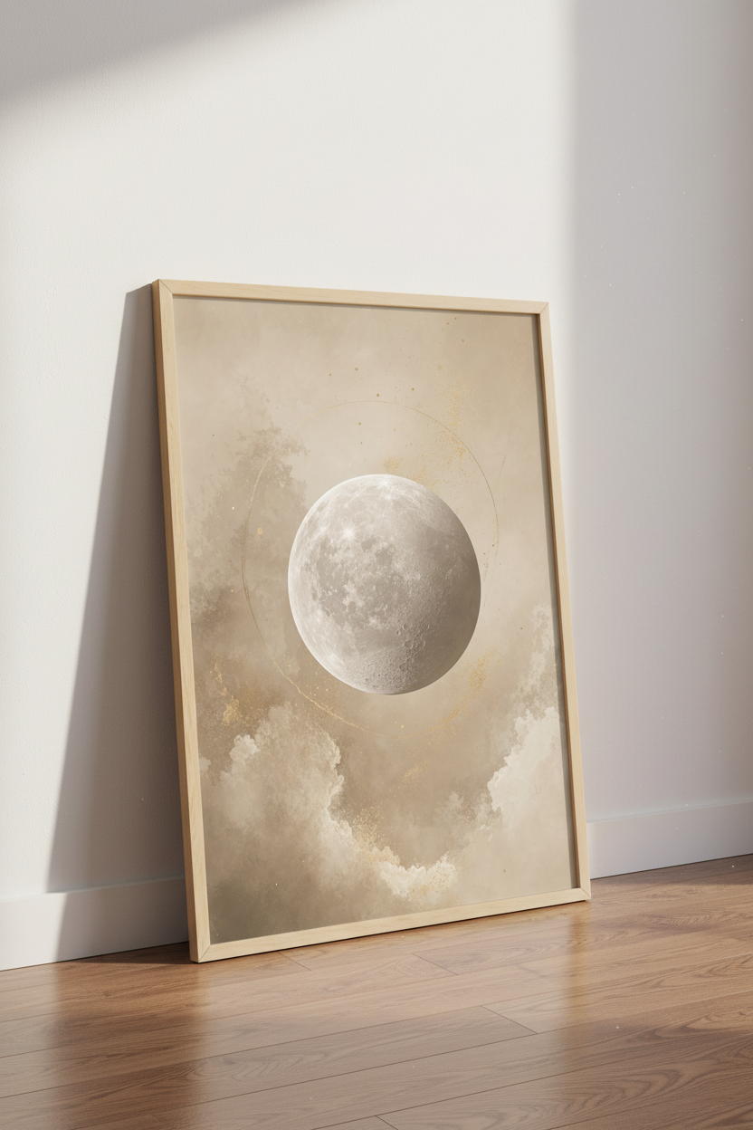 Full Moon Celestial Wall Art | Beige and Gold Minimalist Poster, Bedroom Decor