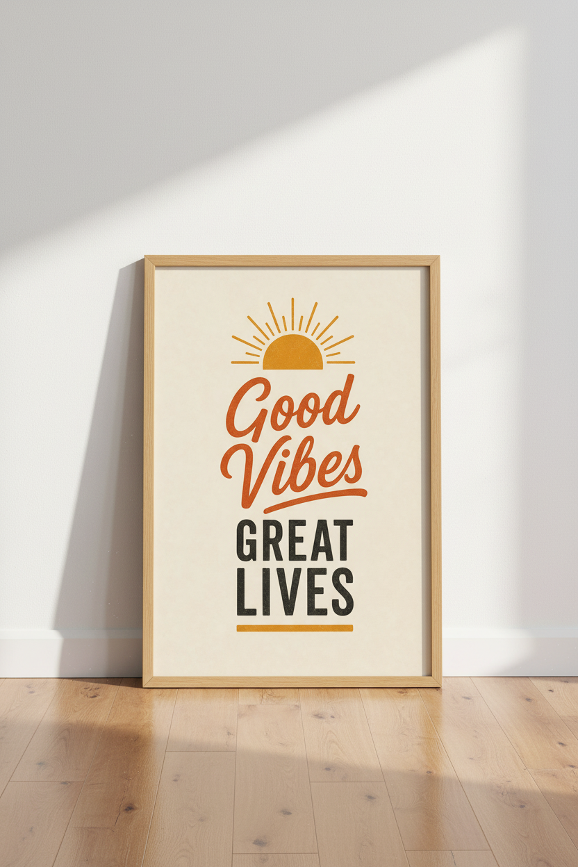 Good Vibes Great Lives Wall Art | Retro Sun Quote Poster | Boho Living Room Decor