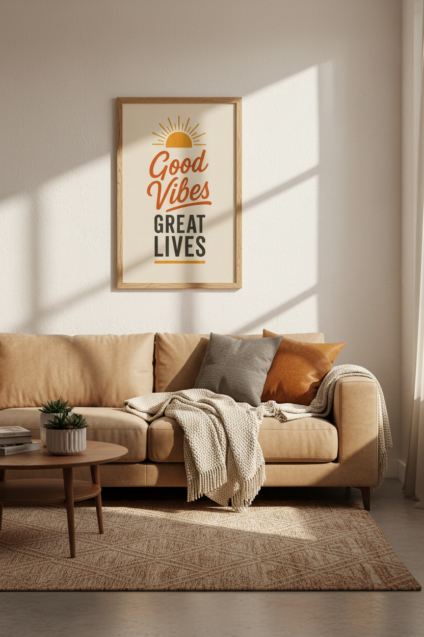 Good Vibes Great Lives Wall Art | Retro Sun Quote Poster | Boho Living Room Decor