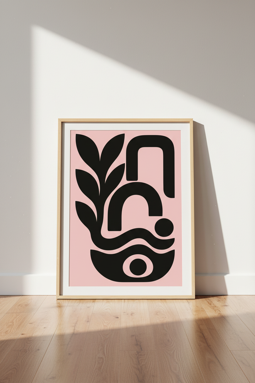 Abstract Botanical Wall Art | Black & Pink Minimalist Decor | Boho Bedroom Poster