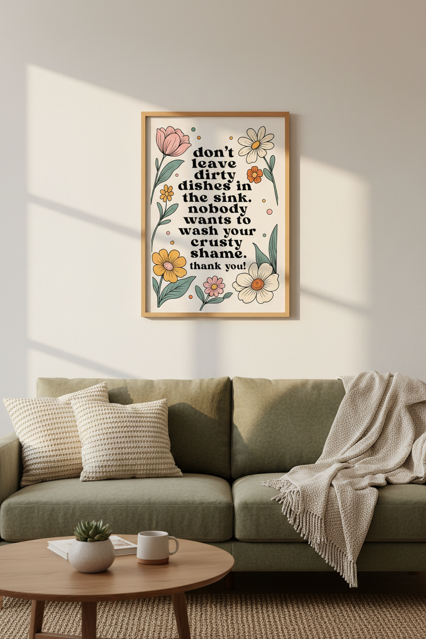 Funny Dirty Dishes Kitchen Wall Art | Retro Floral Decor | Groovy Quote Poster