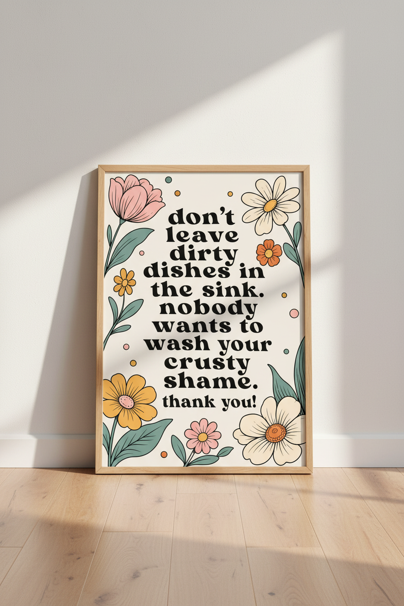 Funny Dirty Dishes Kitchen Wall Art | Retro Floral Decor | Groovy Quote Poster