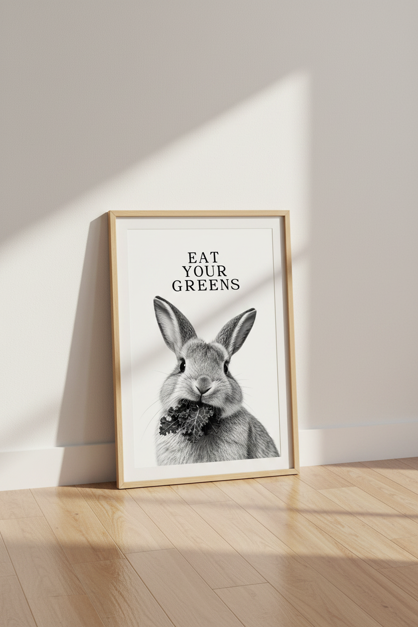 Rabbit Eating Kale Wall Art | Black and White Kitchen Decor | Minimalist Bunny Poster