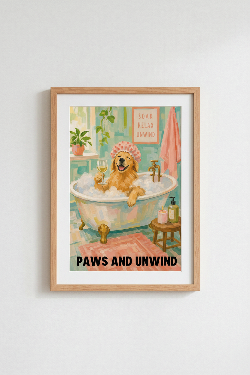 Golden Retriever Bathroom Print | Funny Dog Wall Art | Teal & Pink Decor Poster