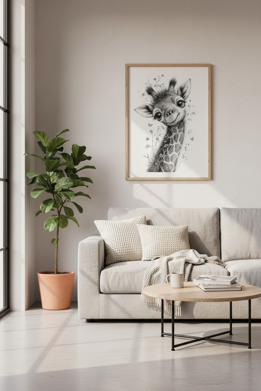 Baby Giraffe Wall Art | Black and White Safari Nursery Decor | Cute Animal Poster