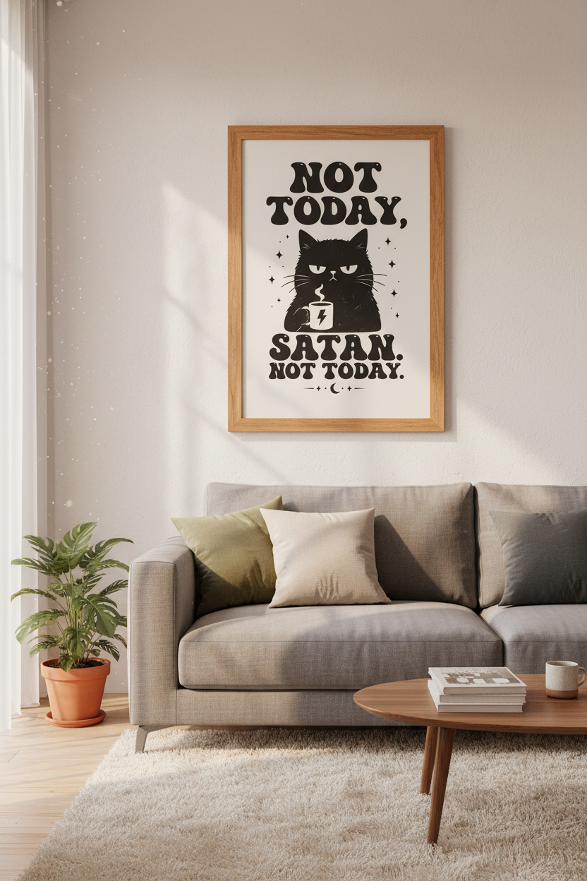 Not Today Satan Cat Art Print | Funny Grumpy Cat Poster | Retro Gothic Home Decor