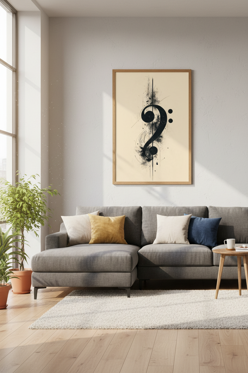 Bass Clef Wall Art | Abstract Ink Music Poster, Studio Decor