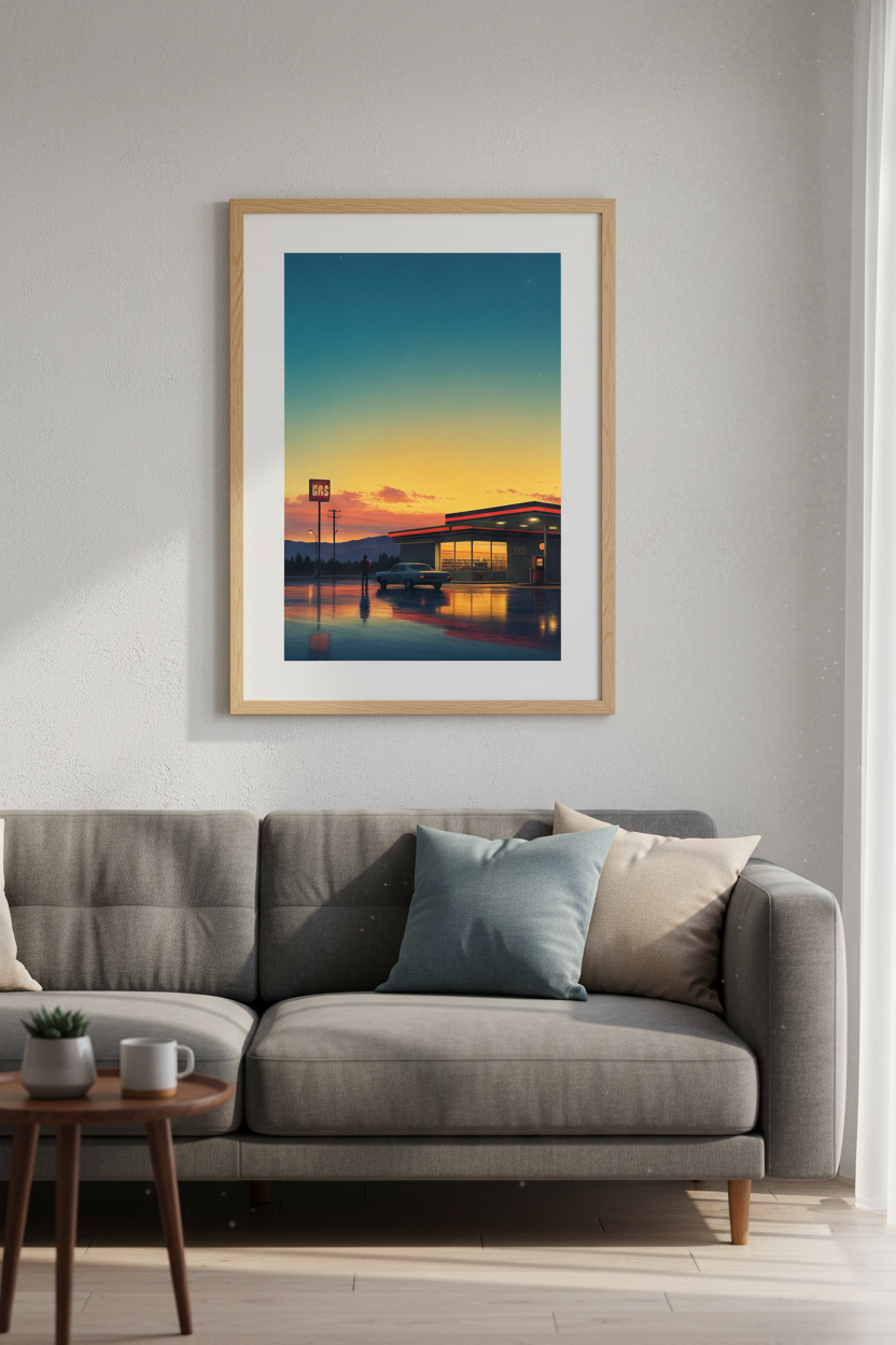 Retro Gas Station Sunset Wall Art | Cinematic Americana, Living Room Decor