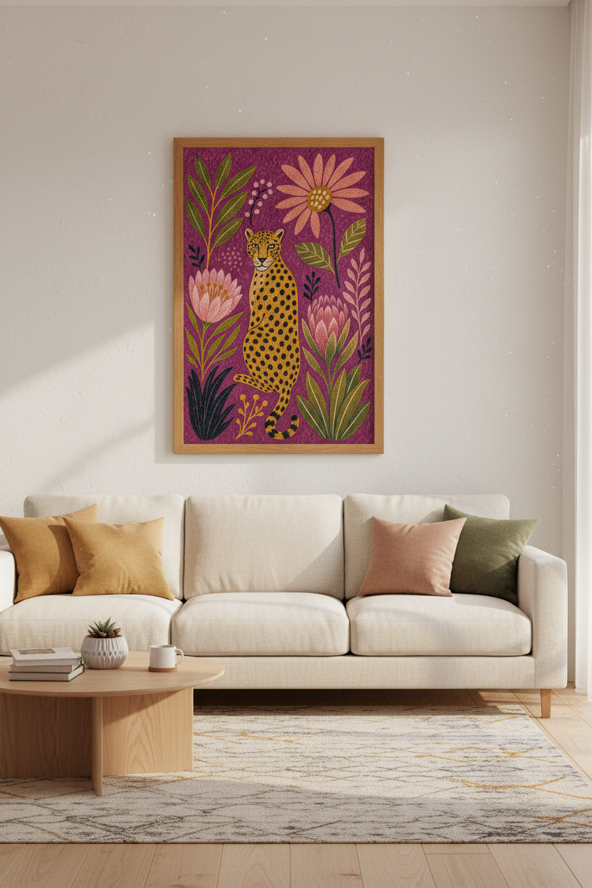 Leopard Floral Wall Art | Purple Botanical Animal Print, Maximalist Living Room Decor