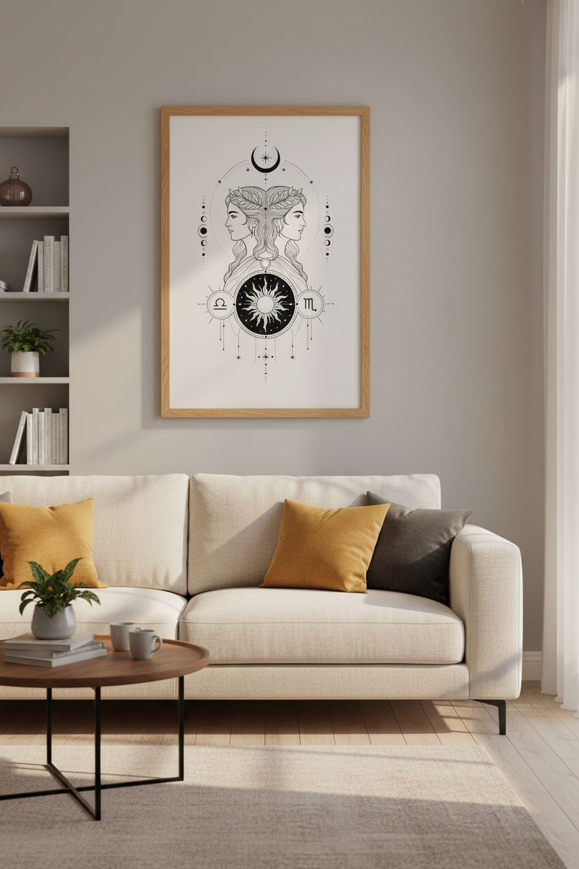 Gemini Zodiac Wall Art | Celestial Moon Line Art Print, Aesthetic Bedroom Decor