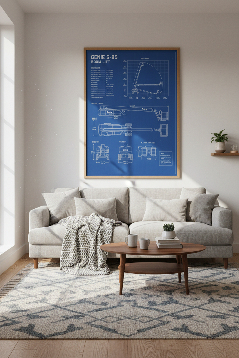 Genie S-85 Boom Lift Blueprint Art | Industrial Office Decor | Construction Poster