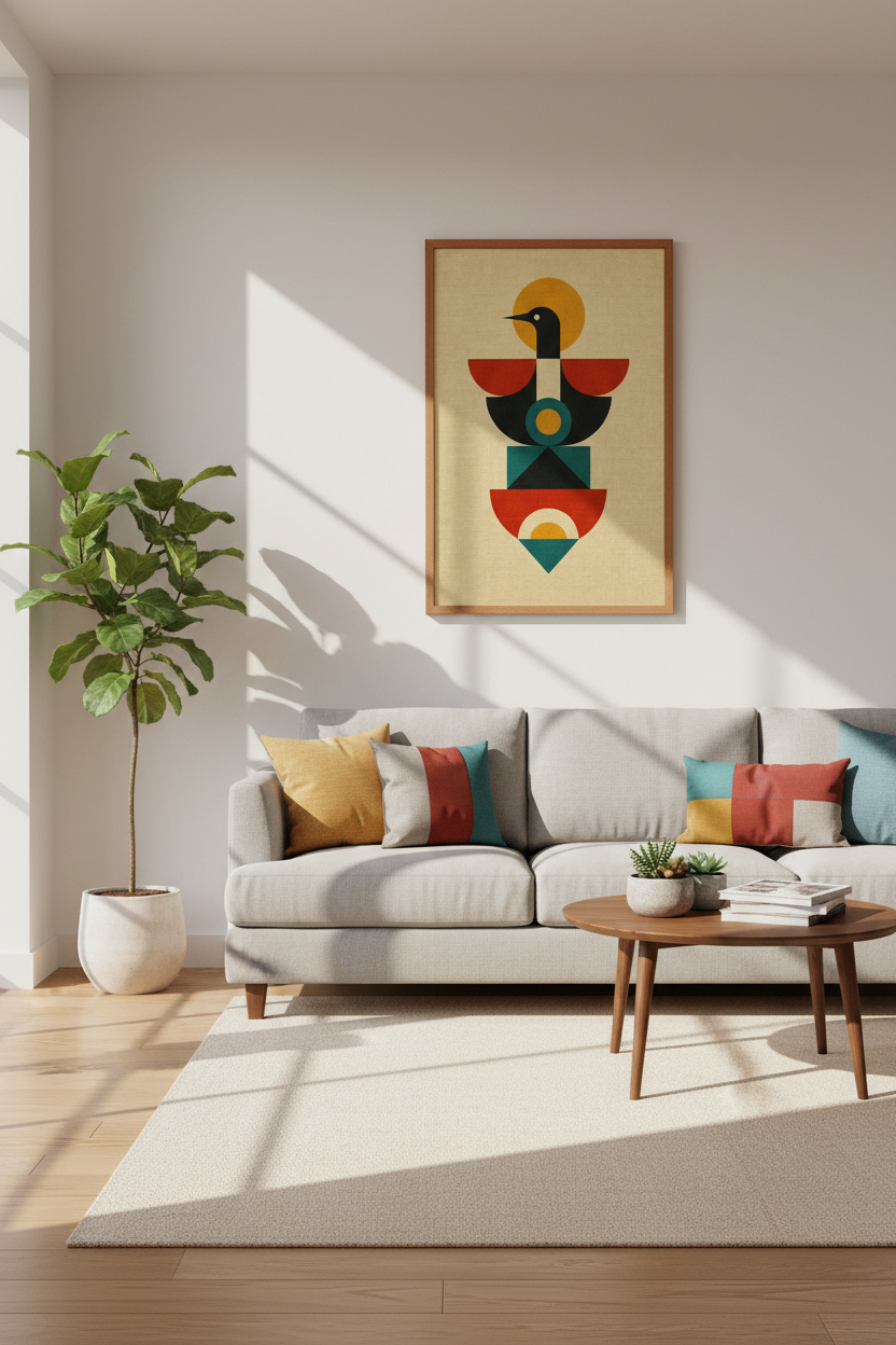 Geometric Bird Wall Art | Mid Century Modern Boho Poster, Minimalist Living Room Decor