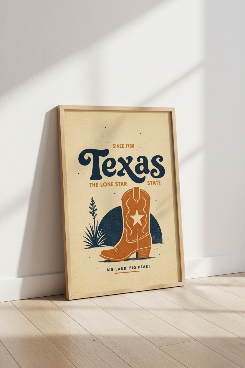 Texas Cowboy Boot Wall Art | Retro Western Decor | Lone Star State Poster