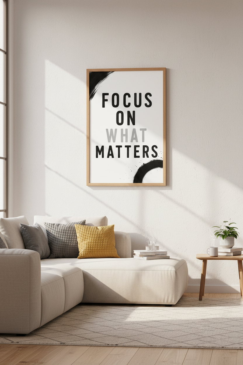 Focus On What Matters Wall Art | Home Office Decor | Minimalist Quote Poster