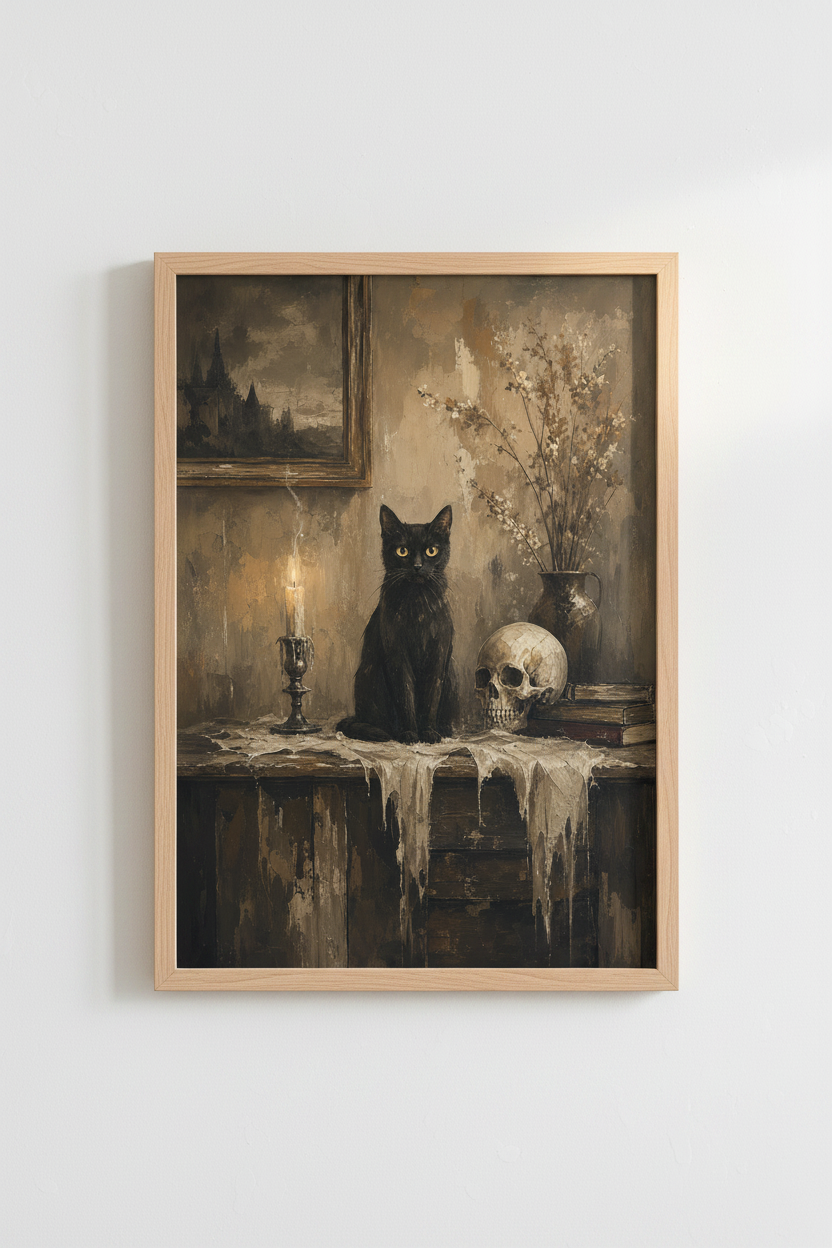 Dark Academia Black Cat Print | Gothic Vintage Skull Poster, Moody Library Wall Art