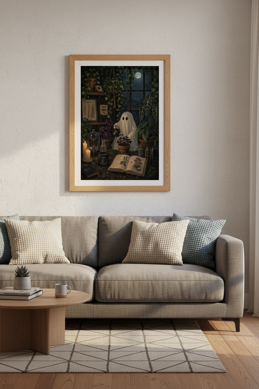 Dark Academia Ghost Wall Art | Gothic Botanical Poster, Moody Room Decor