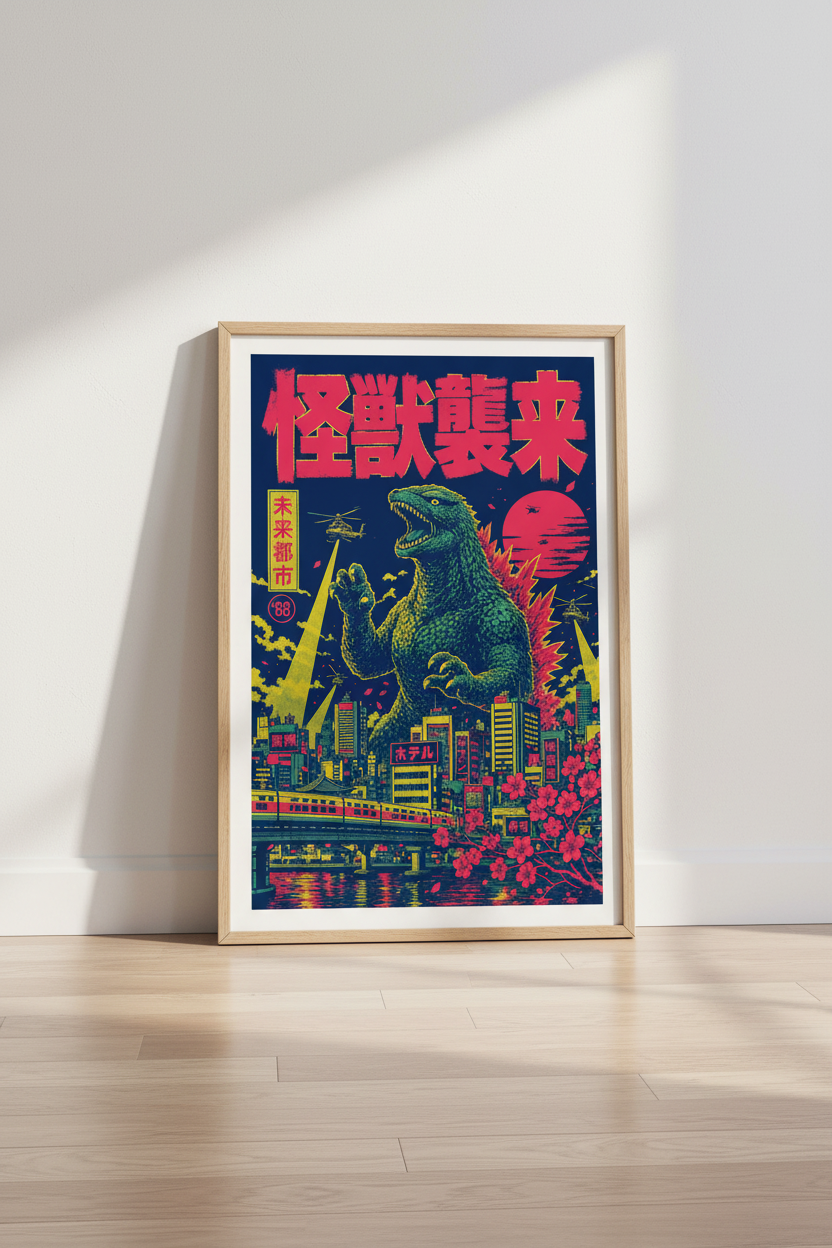 Japanese Kaiju Monster Wall Art | Retro Neon City Poster | Gamer Room Decor