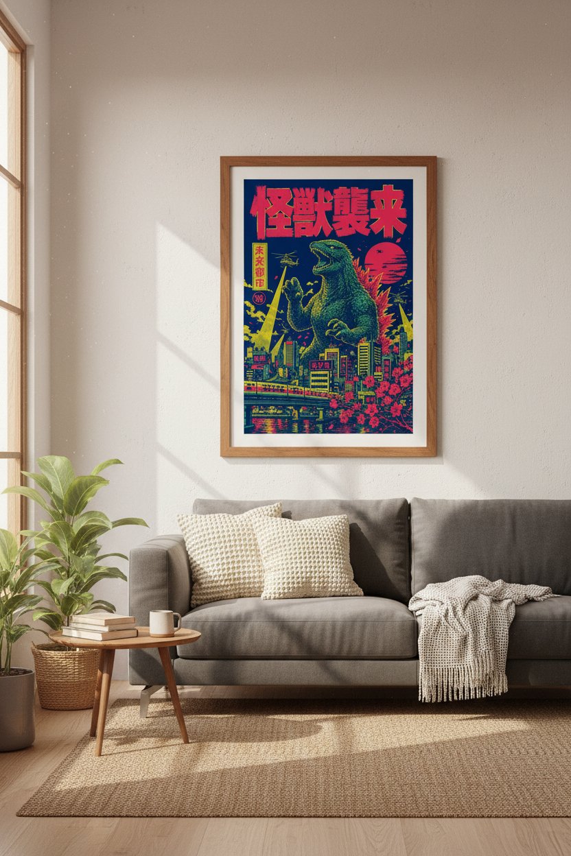 Japanese Kaiju Monster Wall Art | Retro Neon City Poster | Gamer Room Decor