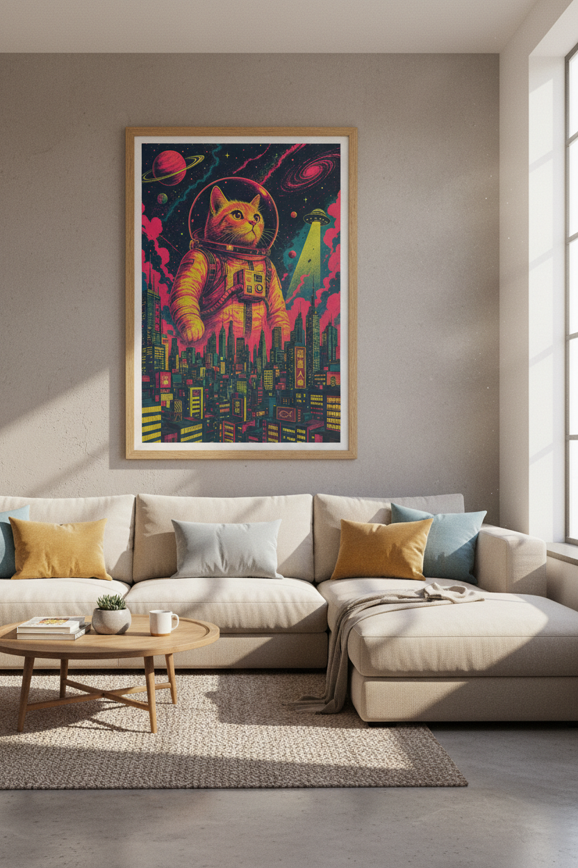 Giant Astro Cat Cityscape Print | Neon Cyberpunk Wall Art, Retro Space Poster