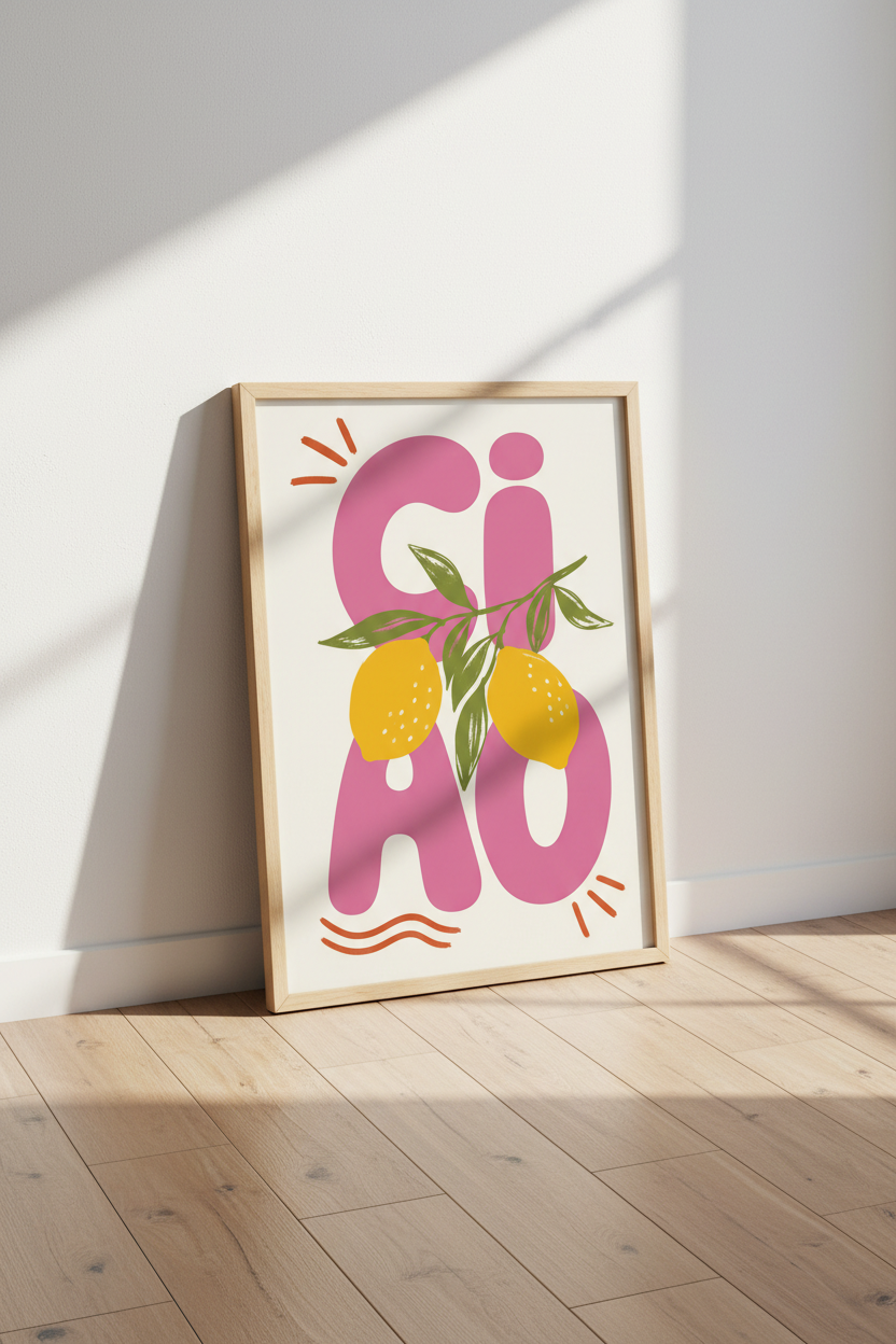 Ciao Lemon Wall Art Print | Pink Italian Kitchen Decor | Mediterranean Poster