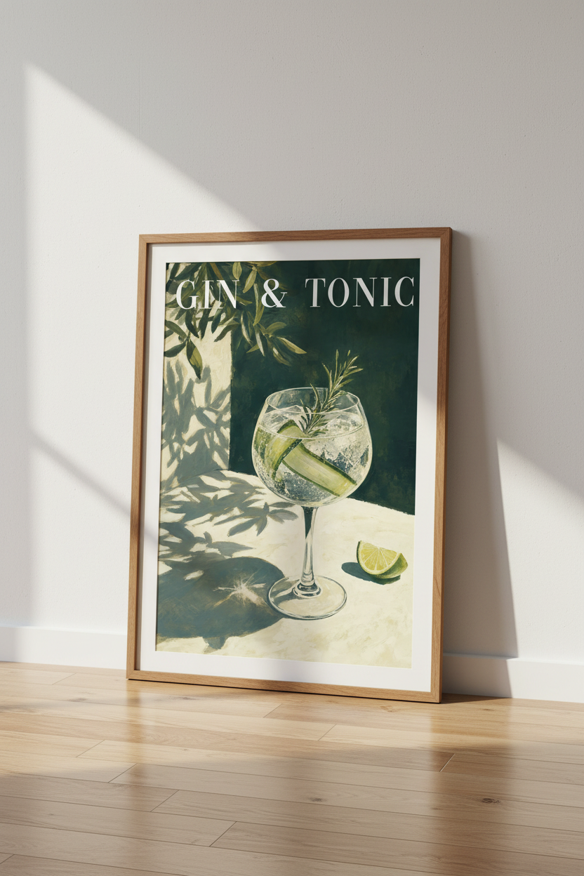 Gin & Tonic Wall Art Print | Green Cocktail Decor | Mediterranean Aesthetic Poster