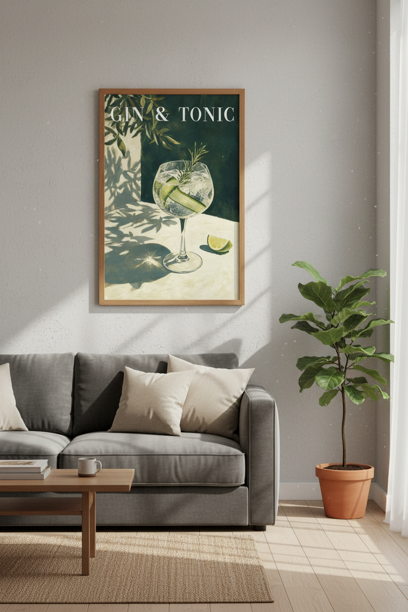 Gin & Tonic Wall Art Print | Green Cocktail Decor | Mediterranean Aesthetic Poster