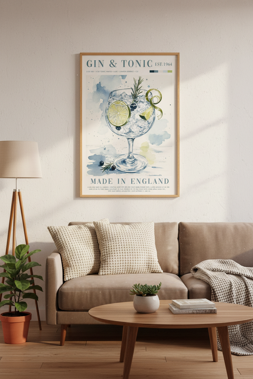 Gin and Tonic Watercolor Art | Botanical Cocktail Poster, Kitchen & Bar Decor