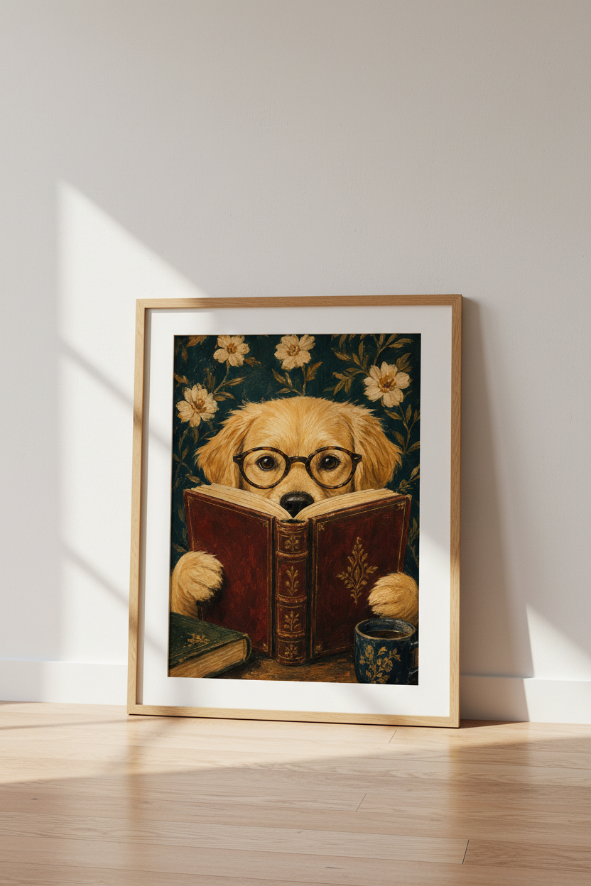 Dark Academia Dog Art Print | Golden Retriever Reading Poster, Library Decor