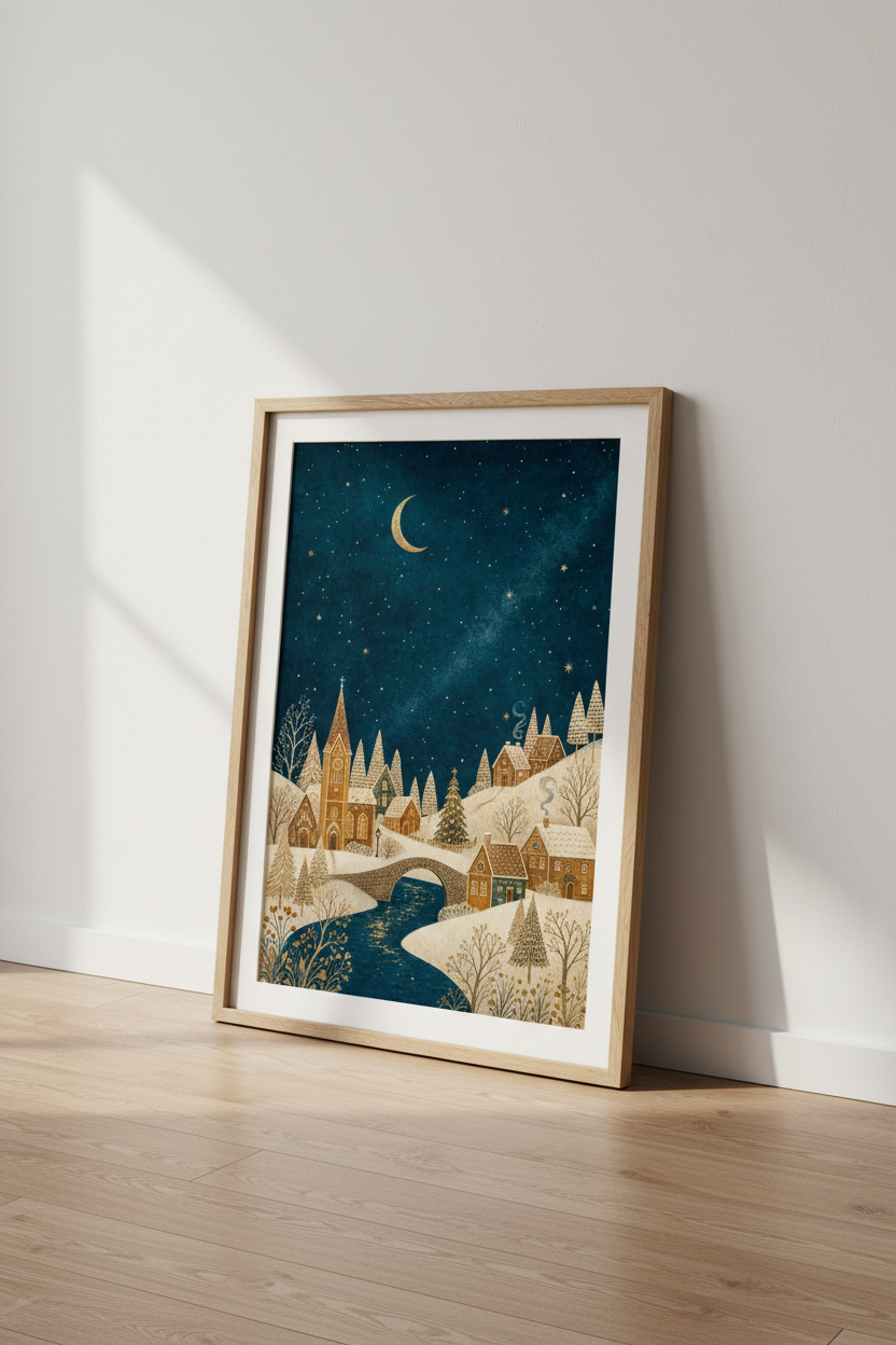 Winter Village Night Art Print | Celestial Navy & Gold Decor | Whimsical Poster