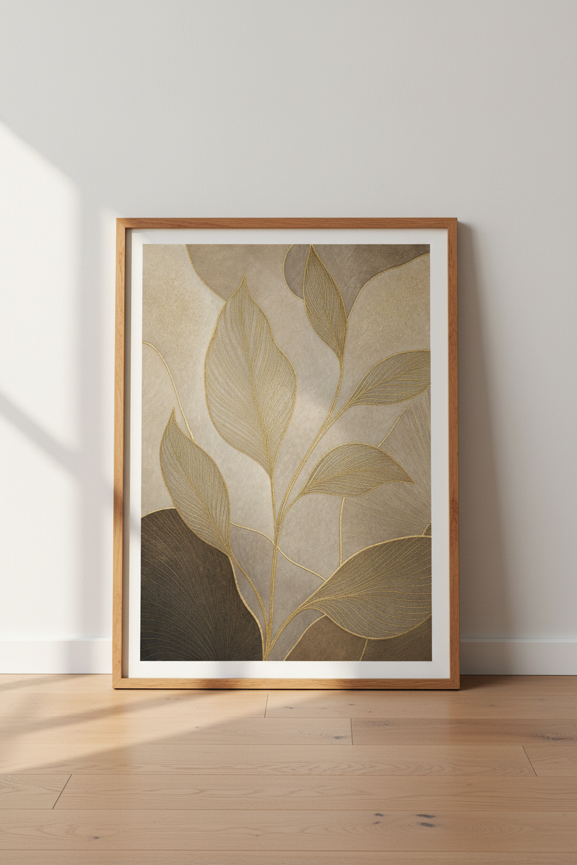 Abstract Gold Leaf Wall Art | Beige & Brown Botanical Poster, Modern Room Decor