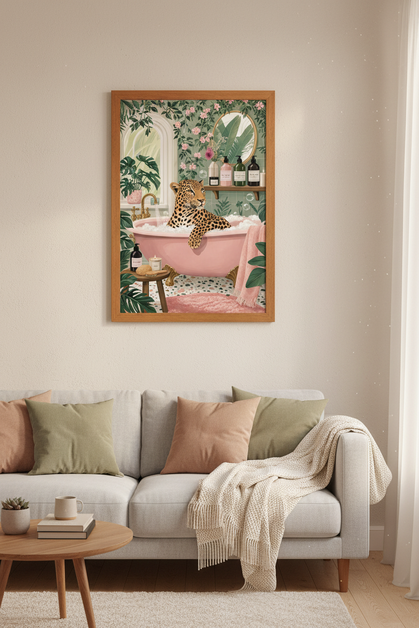 Leopard in Pink Bathtub Wall Art | Maximalist Bathroom Decor | Tropical Jungle Poster