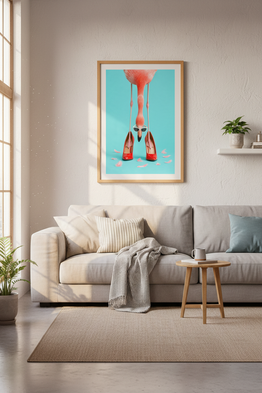 Pink Flamingo in Red Heels Wall Art | Dressing Room Decor | Quirky Fashion Poster