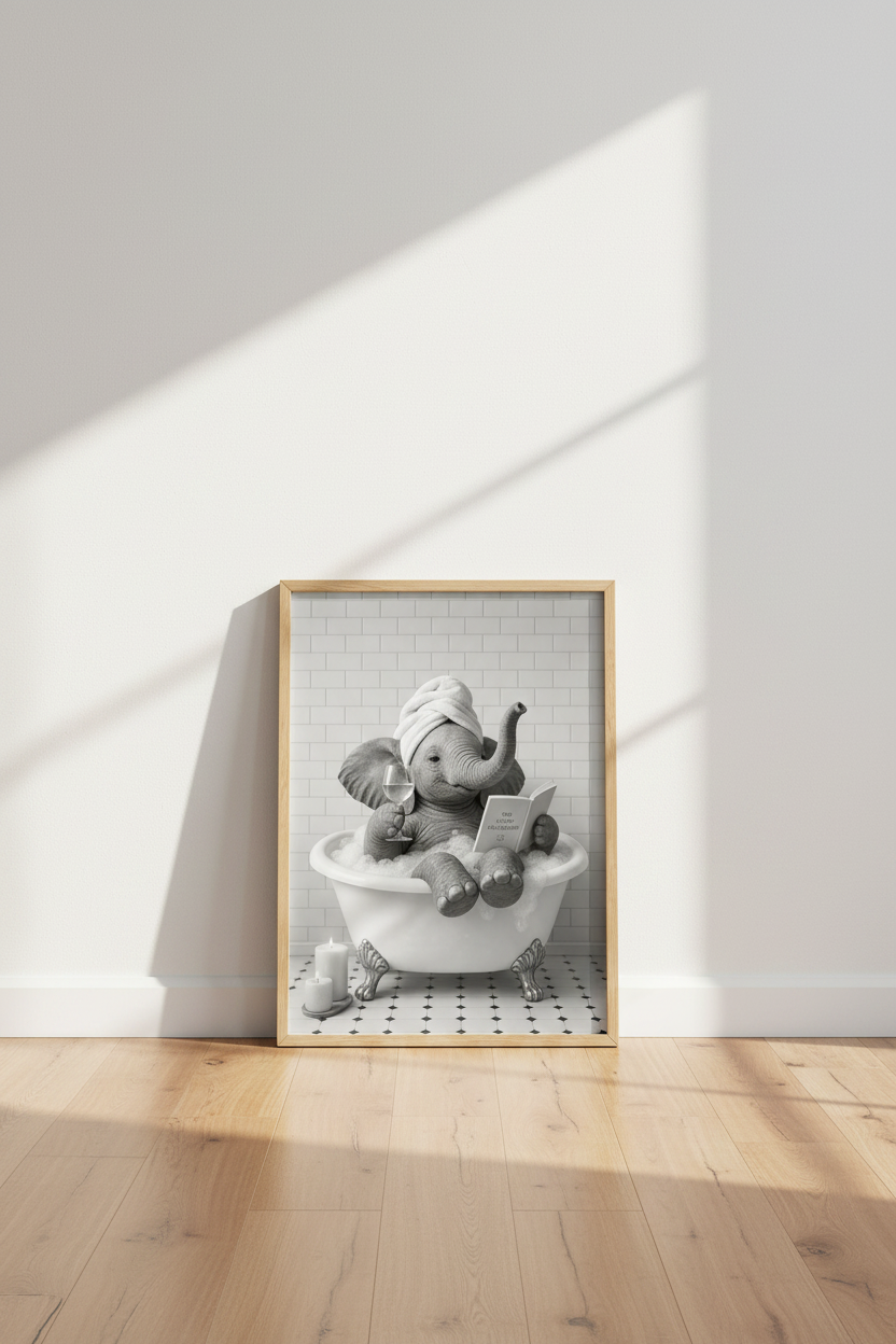Elephant in Bathtub Wall Art | Funny Bubble Bath Poster | Black and White Bathroom Decor