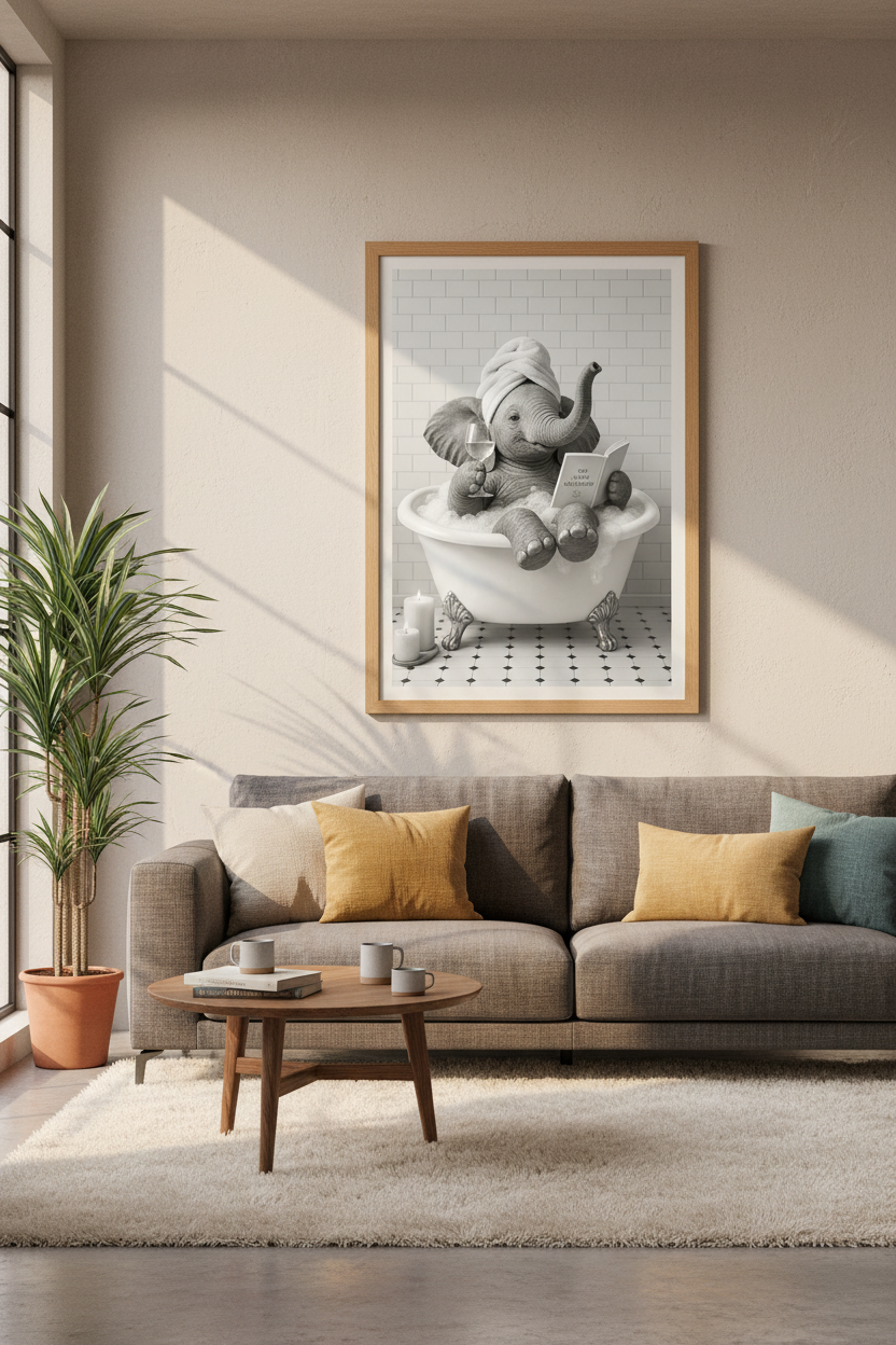 Elephant in Bathtub Wall Art | Funny Bubble Bath Poster | Black and White Bathroom Decor