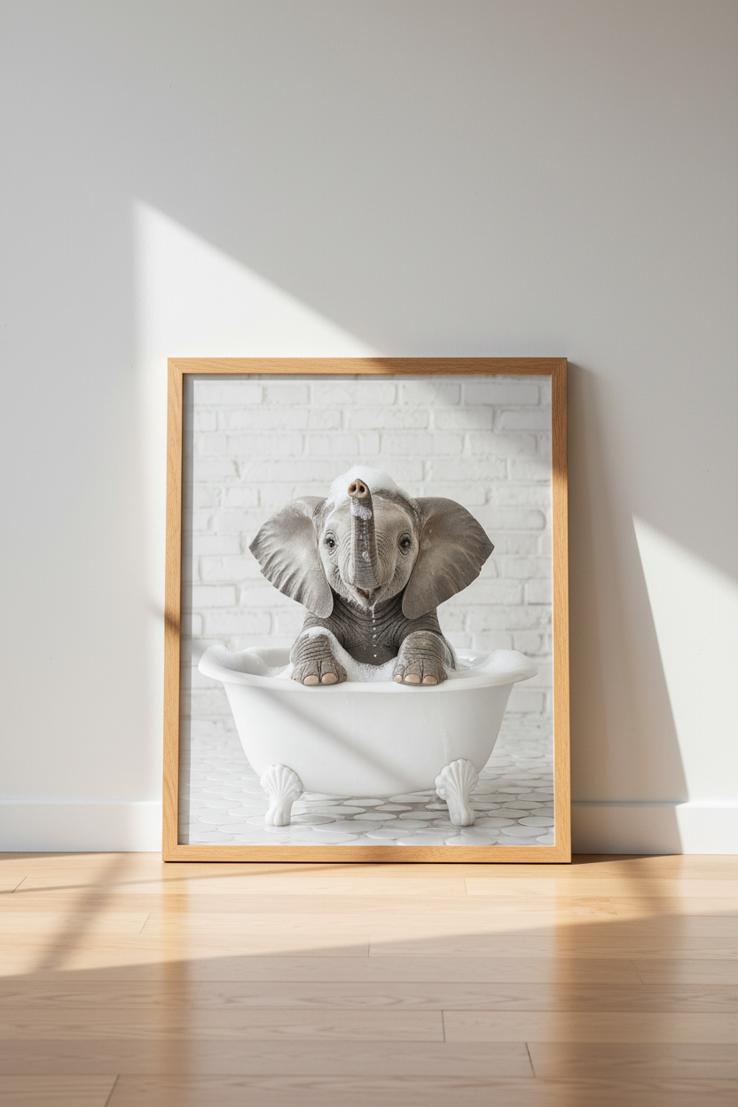 Baby Elephant in Bathtub Wall Art | Nursery Bathroom Decor | Whimsical Animal Poster