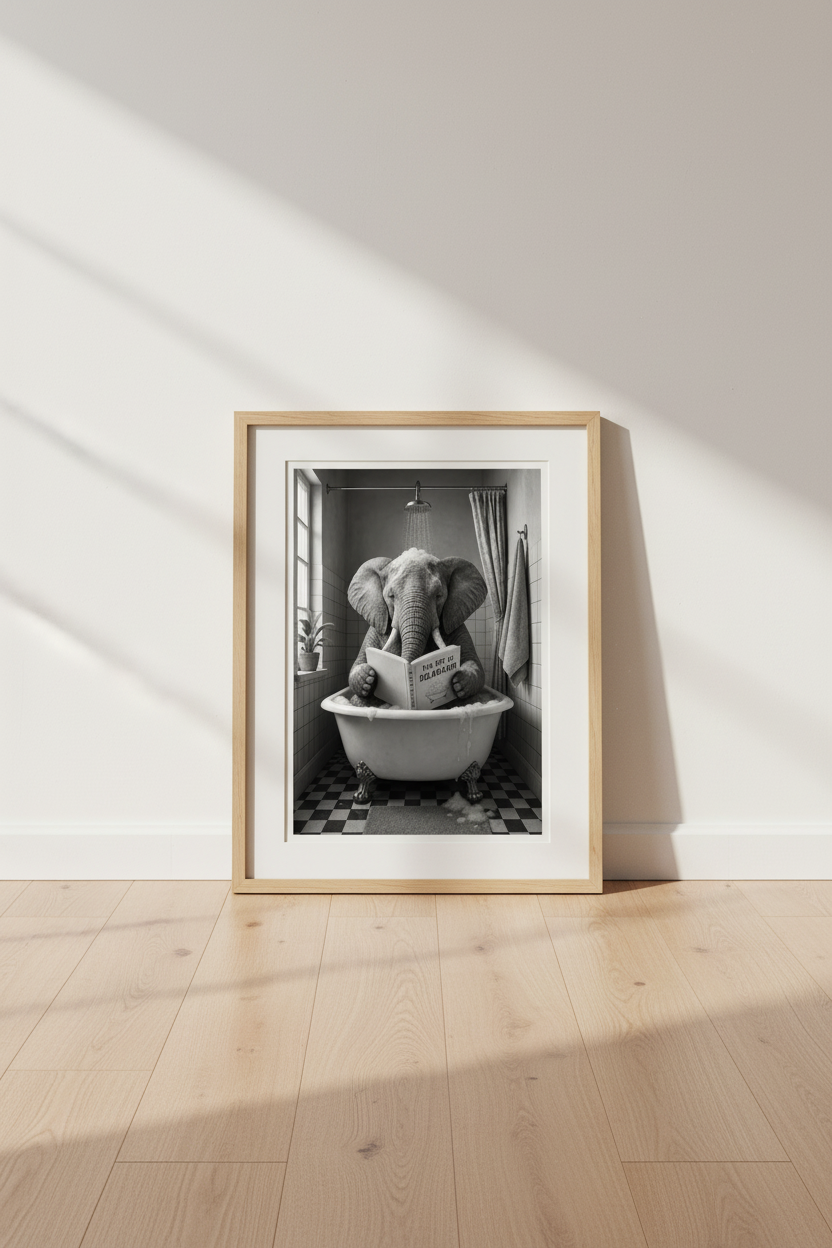 Elephant in Bathtub Wall Art | Funny Black and White Poster | Bathroom Decor