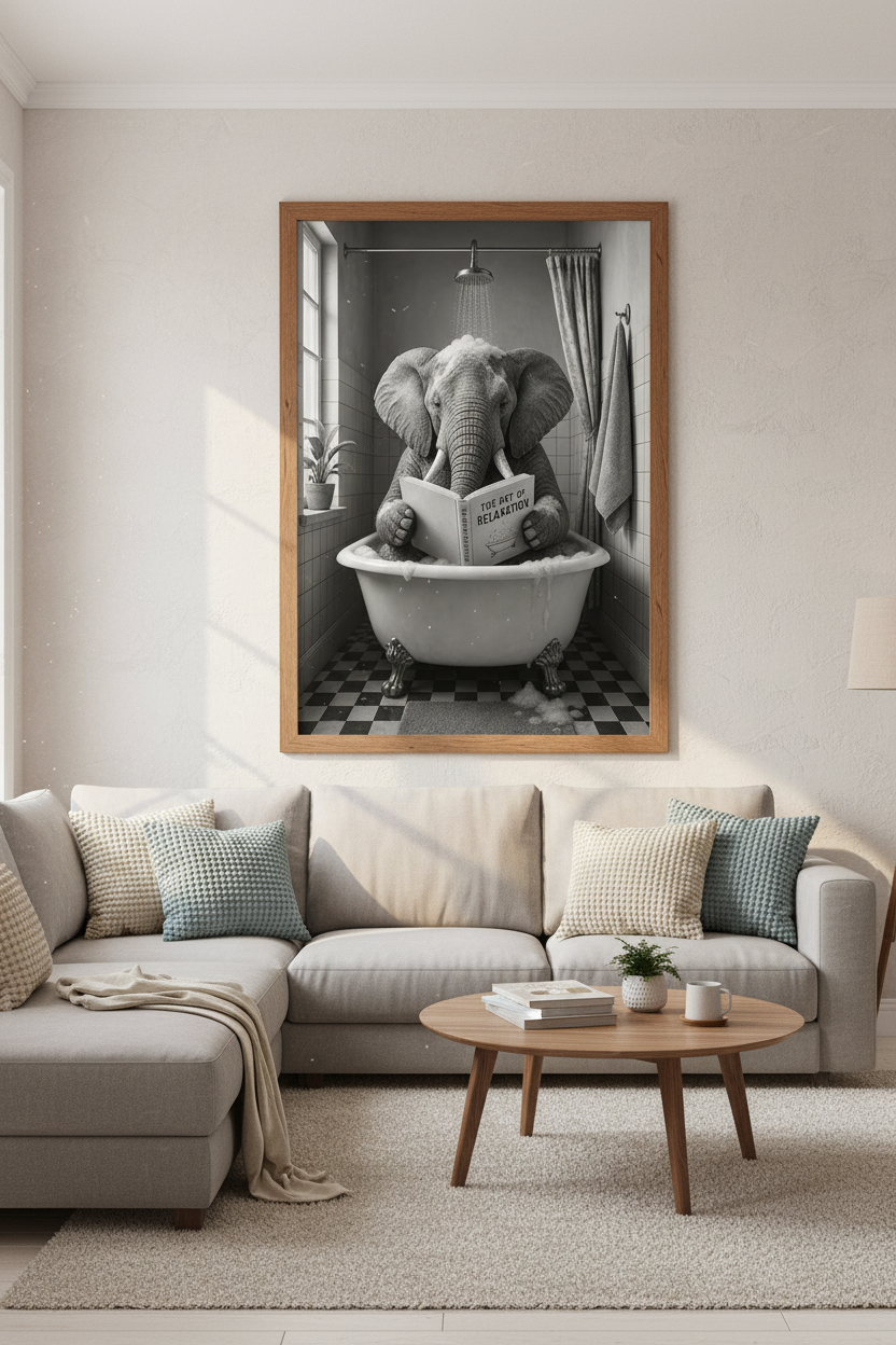 Elephant in Bathtub Wall Art | Funny Black and White Poster | Bathroom Decor