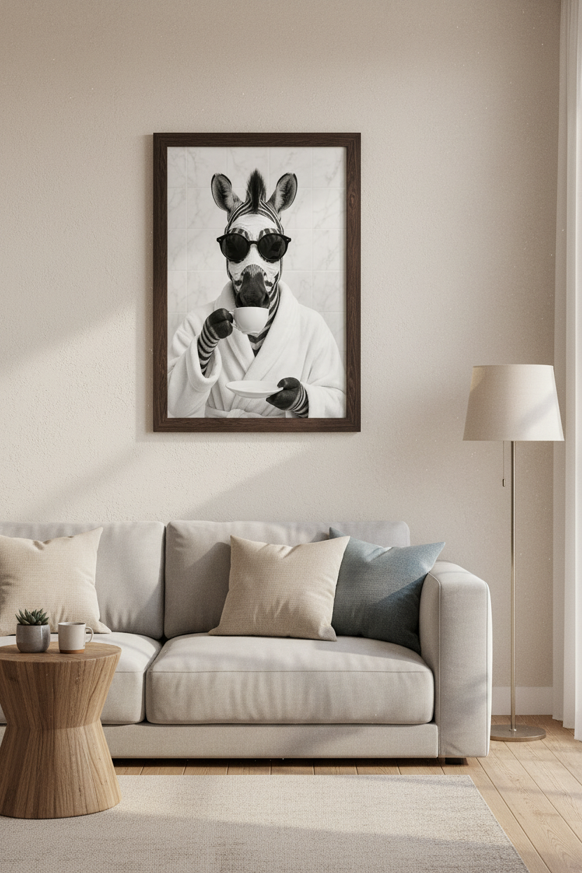 Zebra in Bathrobe Wall Art | Funny Black and White Bathroom Decor, Animal Poster