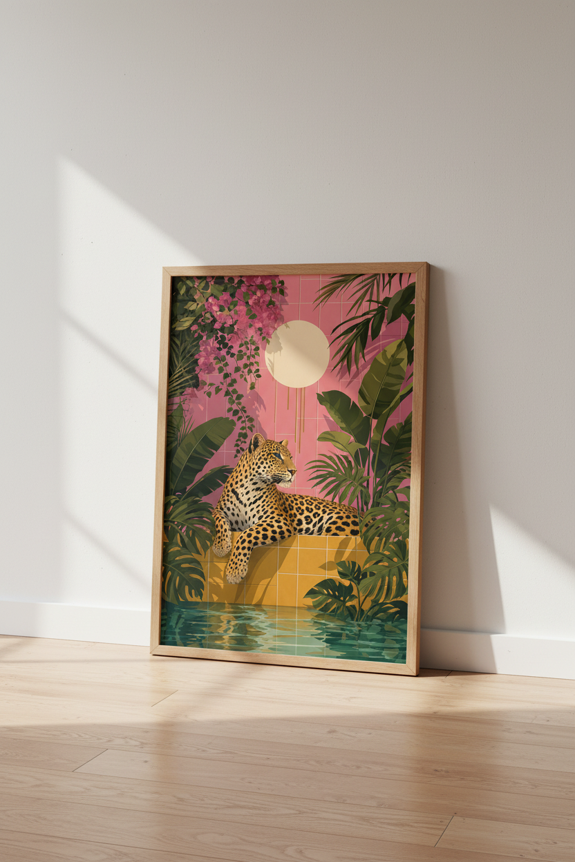Leopard Jungle Pool Art | Tropical Pink & Green Decor | Maximalist Poster
