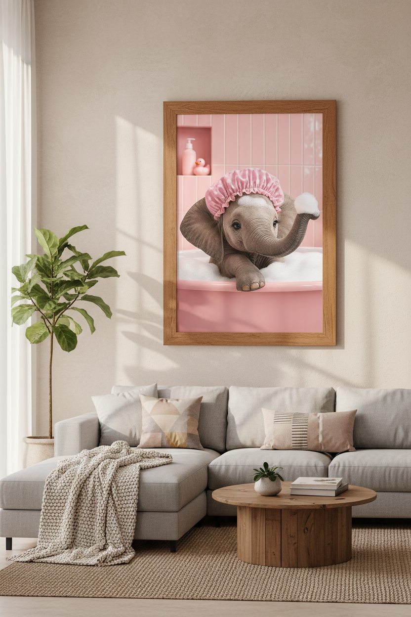 Baby Elephant in Bath Wall Art | Pink Nursery Decor | Whimsical Animal Poster