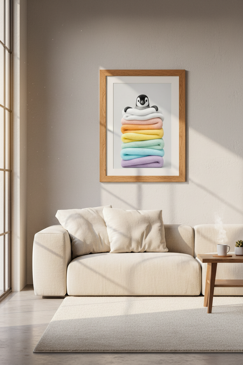 Baby Penguin in Blankets Art | Rainbow Pastel Nursery Decor | Cute Animal Poster