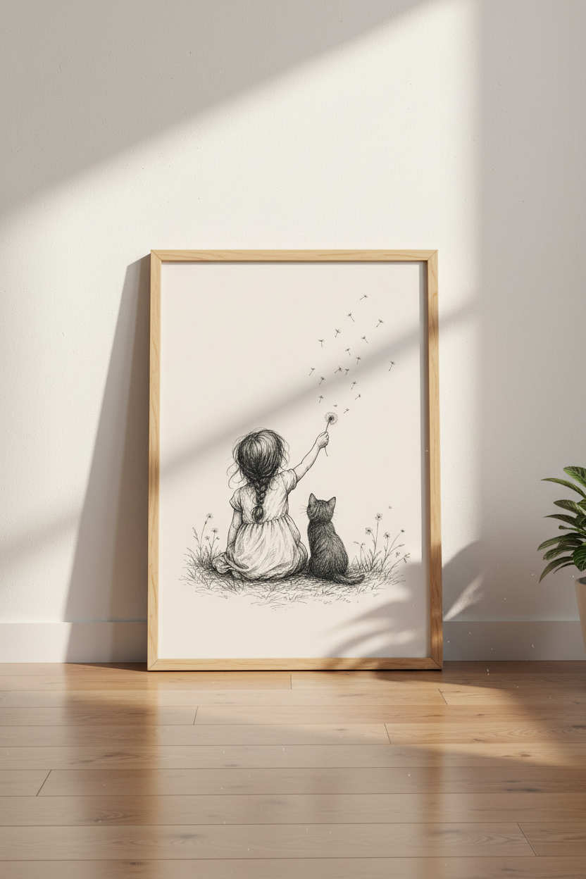 Girl and Cat Dandelion Sketch | Nursery Wall Art, Minimalist Whimsical Print