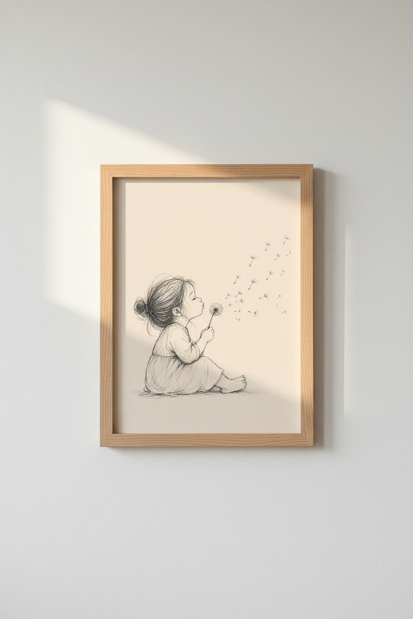 Little Girl Blowing Dandelion Sketch | Minimalist Nursery Decor, Whimsical Poster