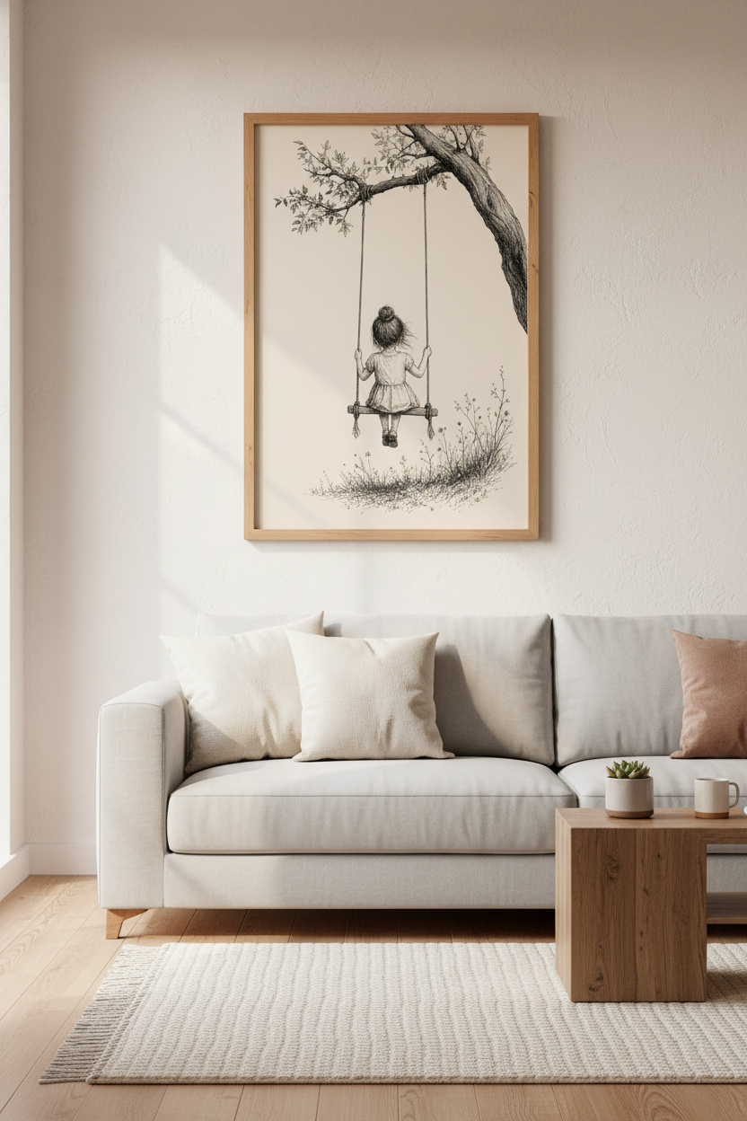 Girl on Swing Wall Art Print | Ink Drawing Kids Decor | Nostalgic Poster
