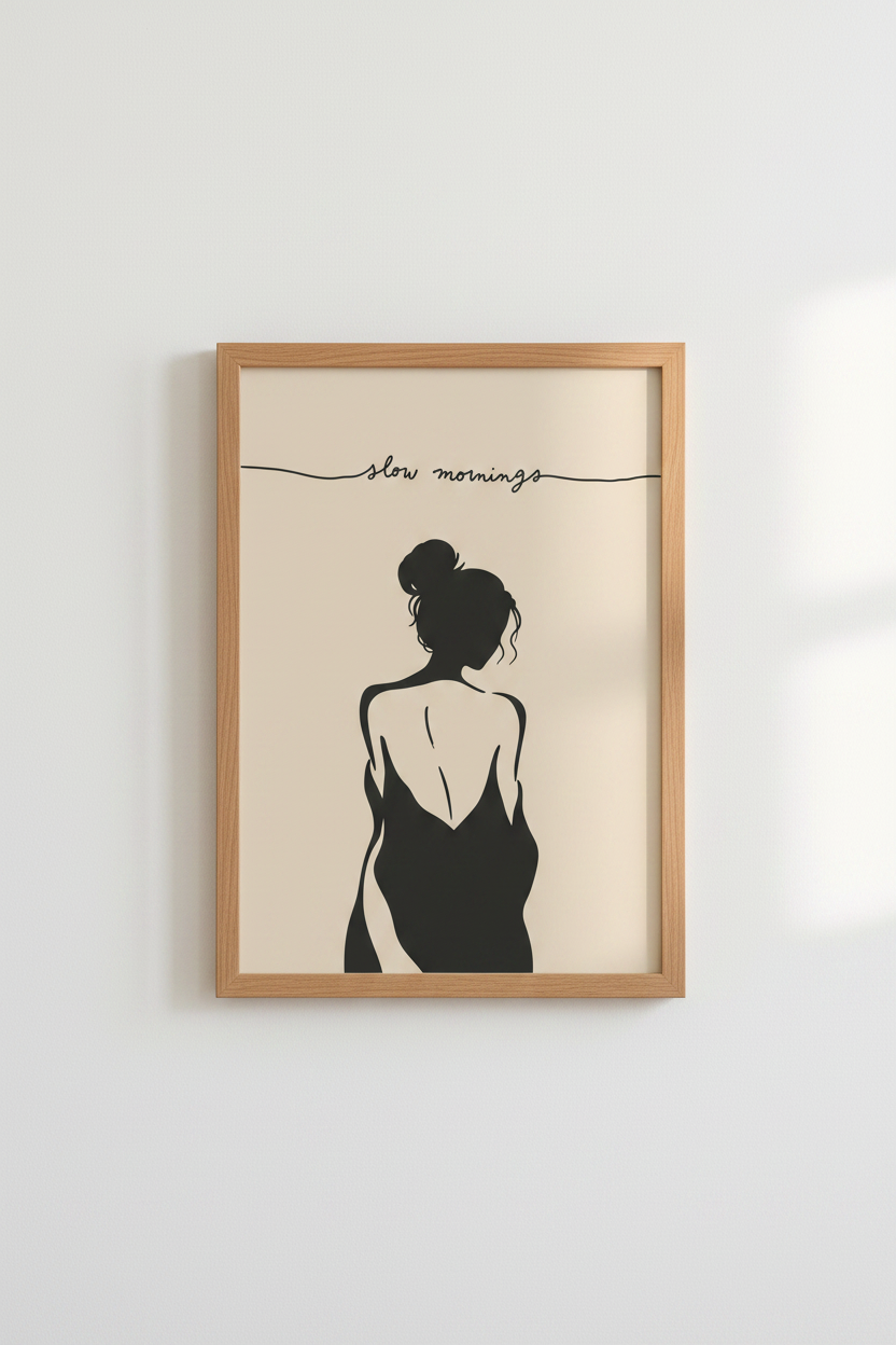 Minimalist Woman Art Print | Beige Silhouette Poster, Slow Mornings Bedroom Decor