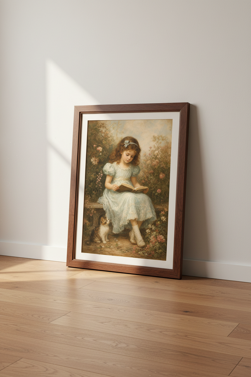 Garden girl art | Soft blue tones, living room decor poster