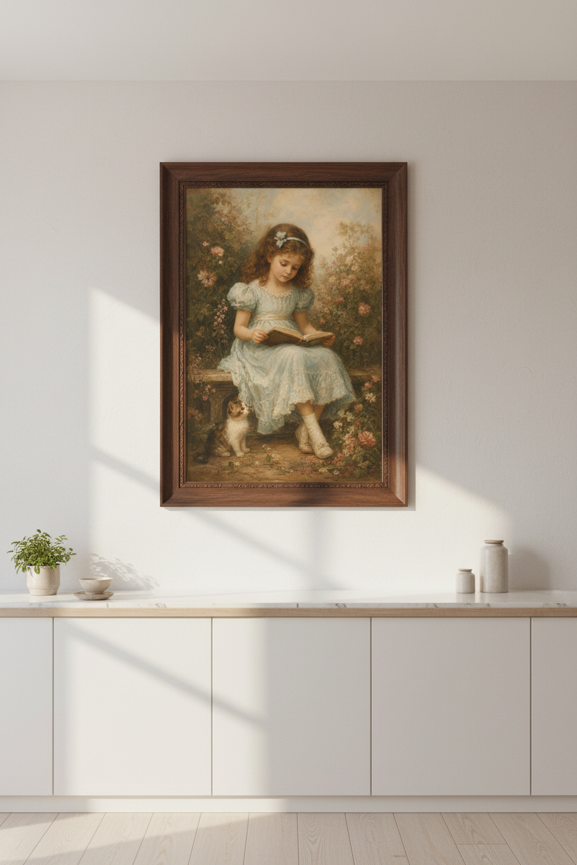 Garden girl art | Soft blue tones, living room decor poster