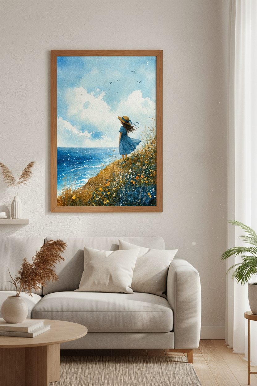 Watercolor Girl at Sea Wall Art Print | Coastal Nursery Decor | Whimsical Blue Poster