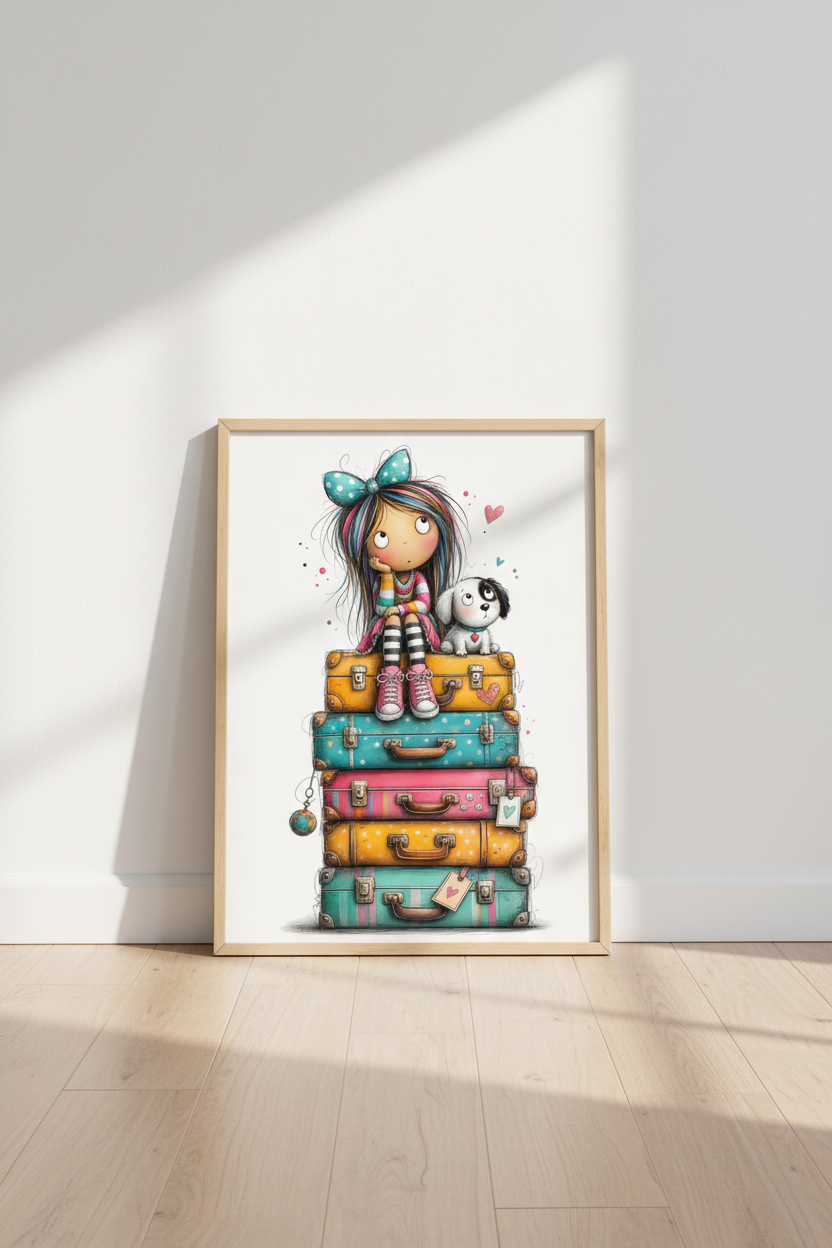 Whimsical Girl & Dog on Suitcases Art Print | Kids Room Decor | Travel Poster