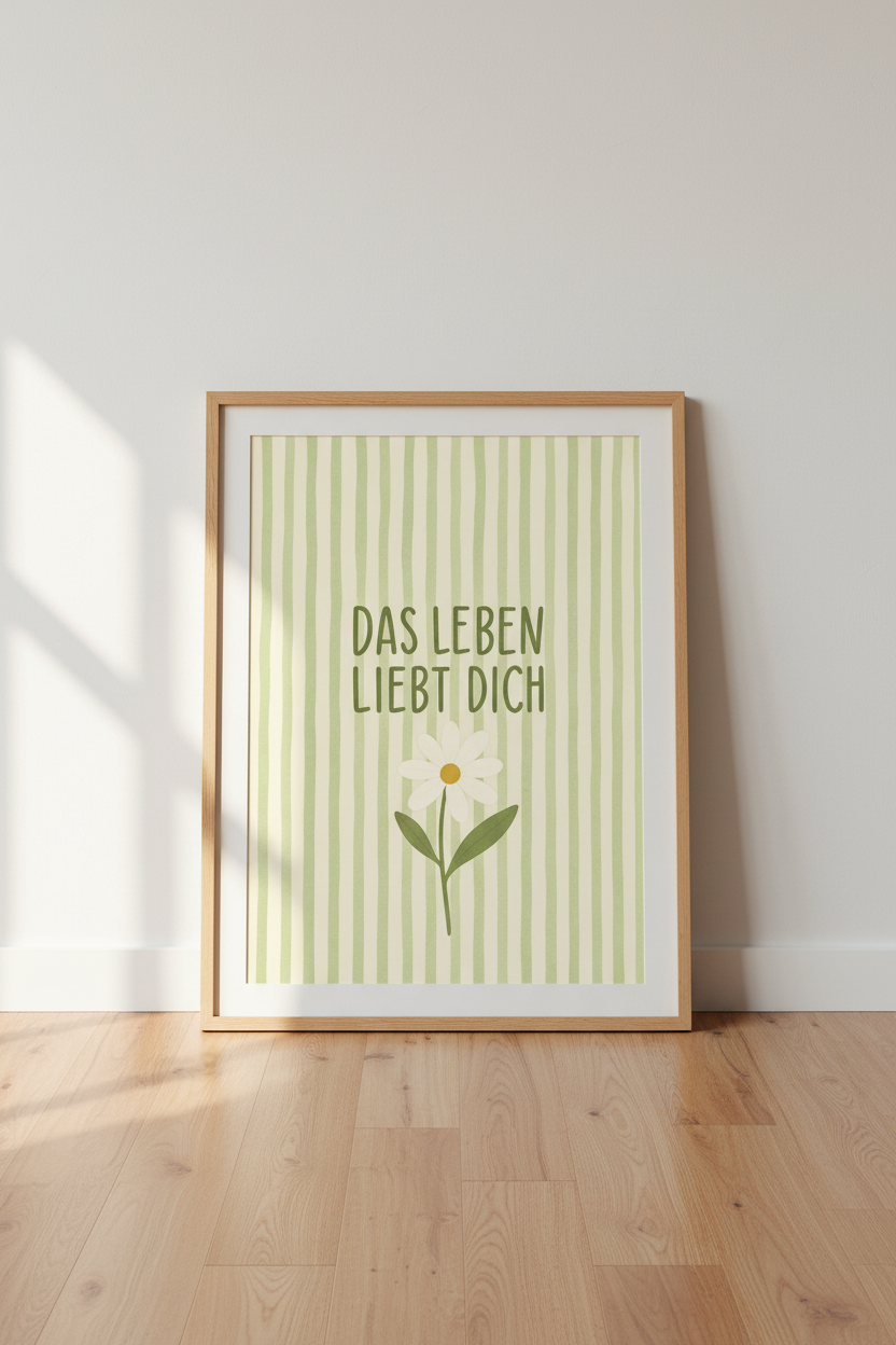 Sage Green Preppy Wall Art | Das Leben Liebt Dich Daisy Print | German Aesthetic Poster
